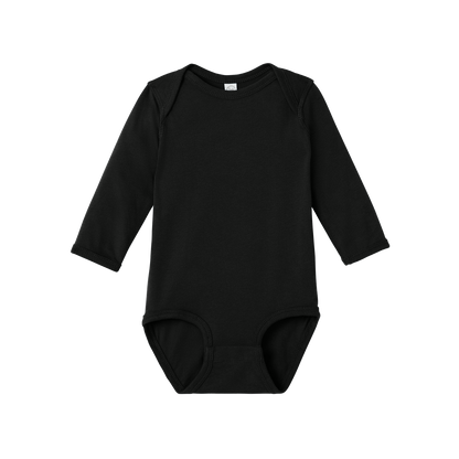 Custom Rabbit Skins infant long-sleeve bodysuit in Black, front view