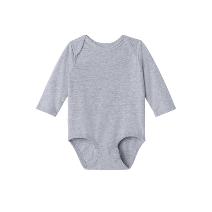 Custom Rabbit Skins infant long-sleeve bodysuit in Heather Granite, front view