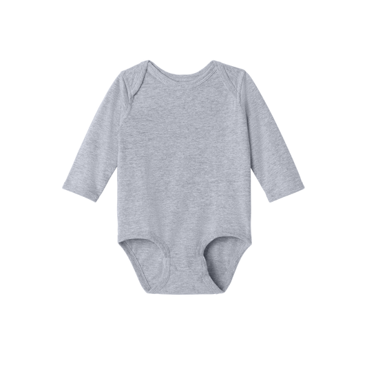 Custom Rabbit Skins infant long-sleeve bodysuit in Heather Granite, front view