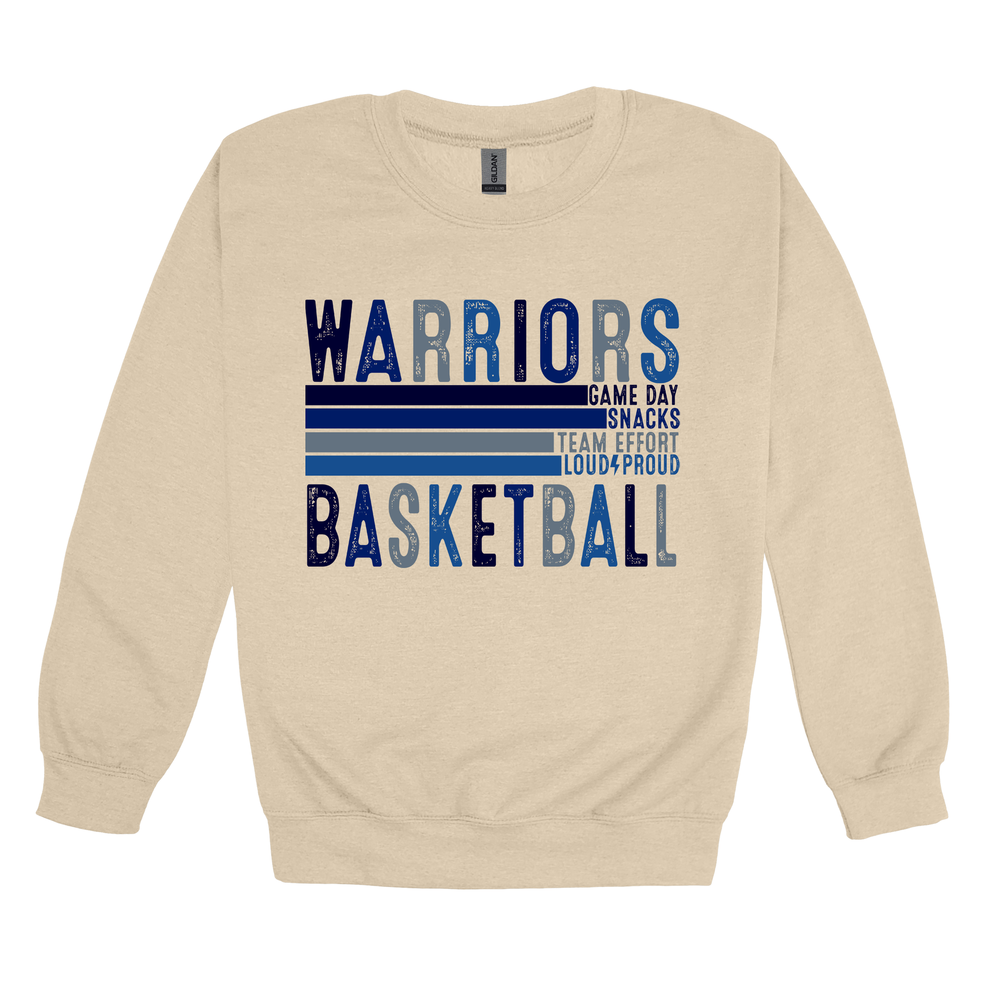 Warriors Basketball design shown on Sand adult Gildan crewneck sweatshirt.