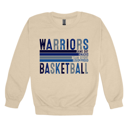 Warriors Basketball design shown on Sand adult Gildan crewneck sweatshirt.