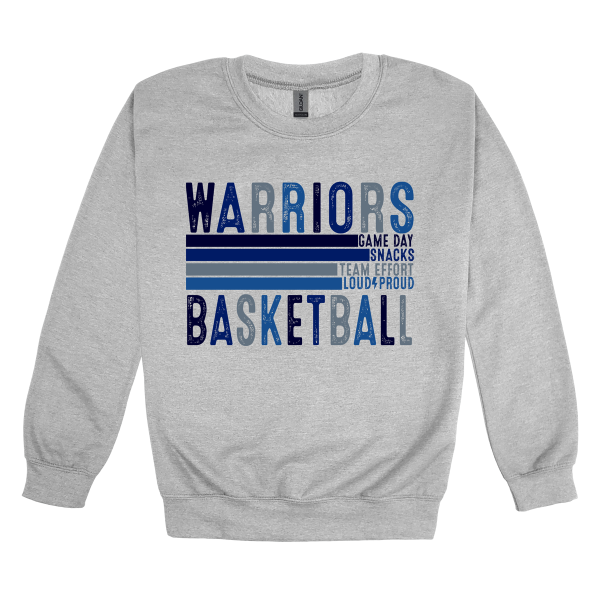 Warriors Basketball design shown on Sport Gray adult Gildan crewneck sweatshirt.