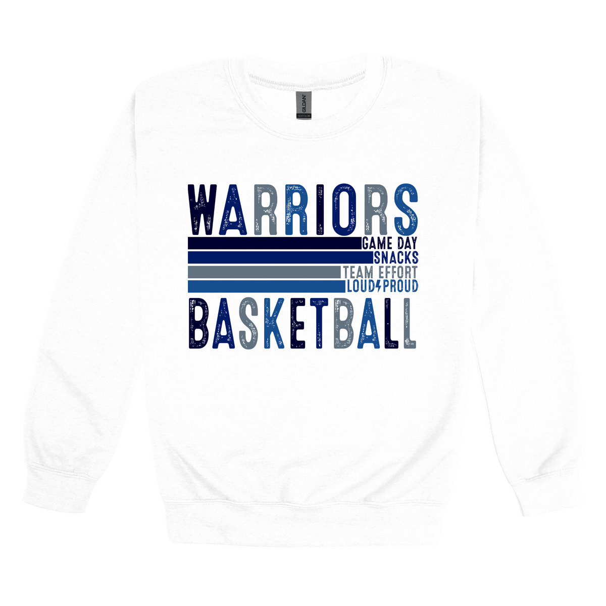 Warriors Basketball design shown on White adult Gildan crewneck sweatshirt.