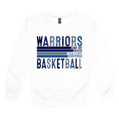 Warriors Basketball design shown on White adult Gildan crewneck sweatshirt.