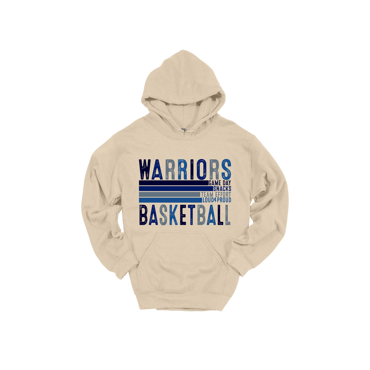 Warriors Basketball design shown on Sand adult Gildan hoodie.