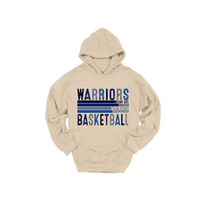 Warriors Basketball design shown on Sand adult Gildan hoodie.