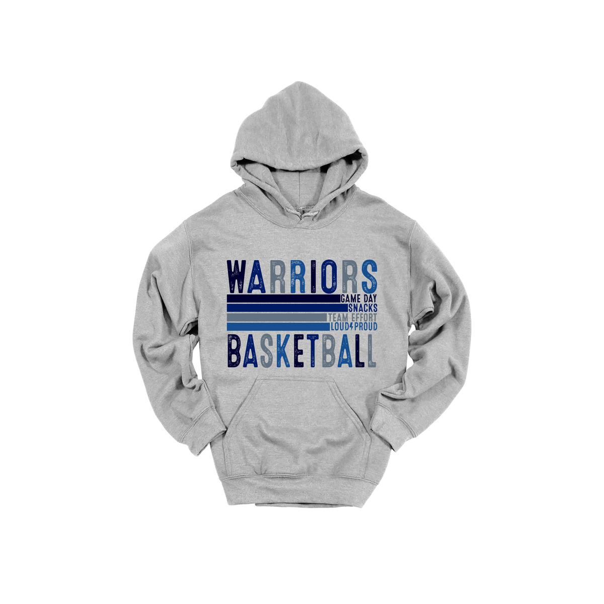 Warriors Basketball design shown on Sport Gray adult Gildan hoodie.