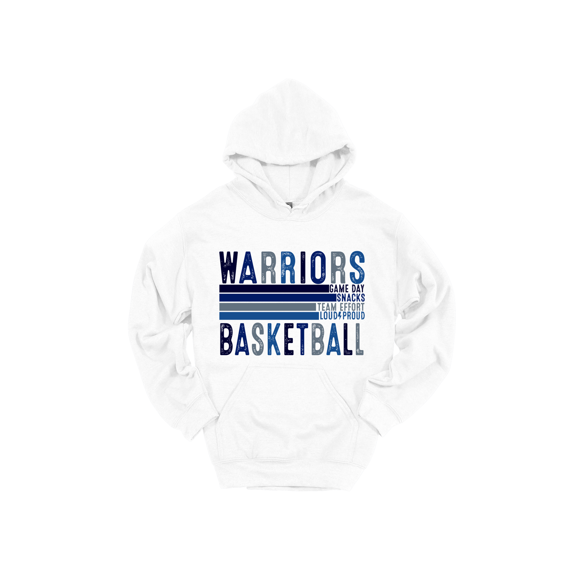 Warriors Basketball design shown on White adult Gildan hoodie.