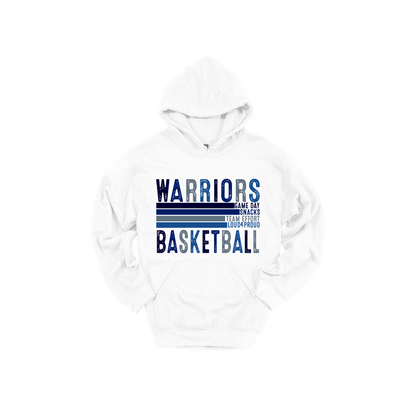 Warriors Basketball design shown on White adult Gildan hoodie.