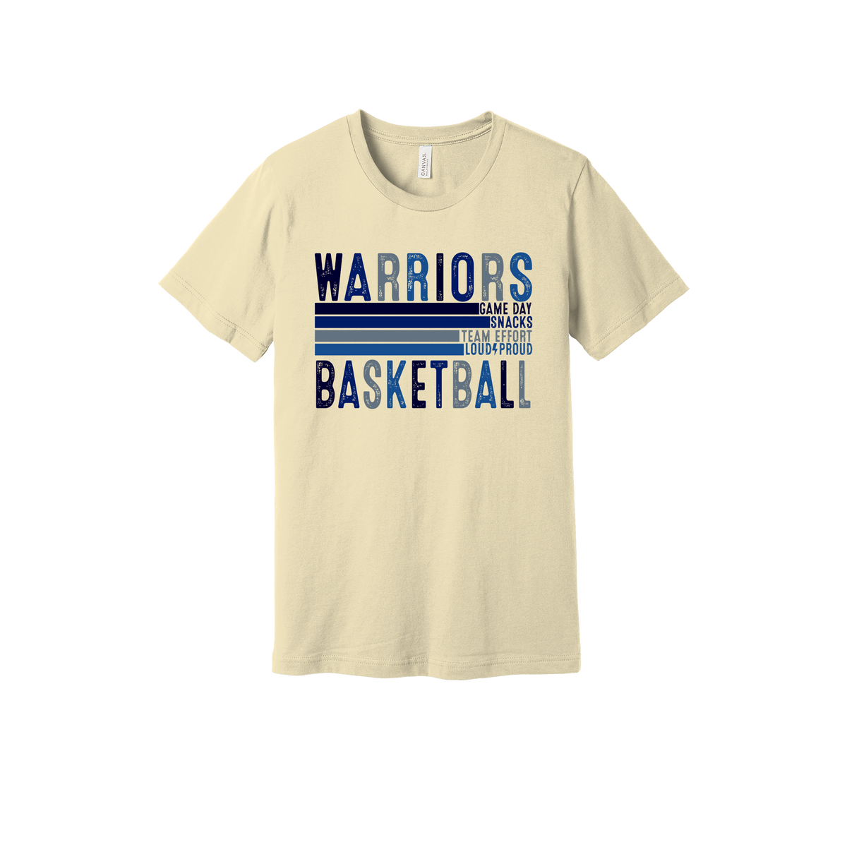 Warriors Basketball design shown on Natural adult Bella+Canvas 3001 T-shirt.