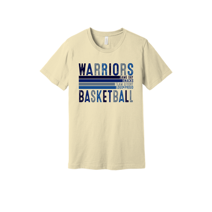 Warriors Basketball design shown on Natural adult Bella+Canvas 3001 T-shirt.