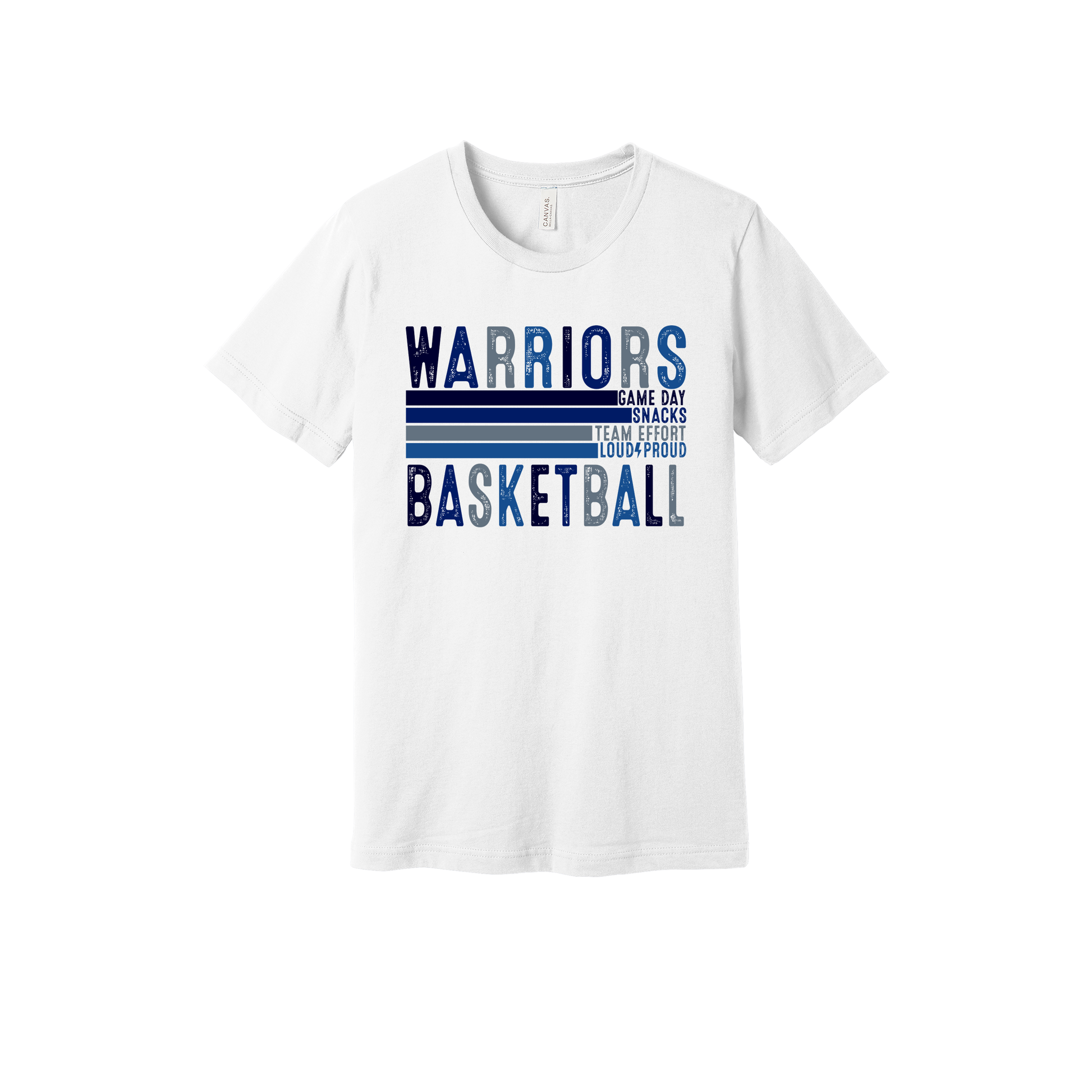 Warriors Basketball design shown on White adult Bella+Canvas 3001 T-shirt.