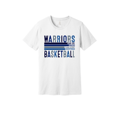 Warriors Basketball design shown on White adult Bella+Canvas 3001 T-shirt.