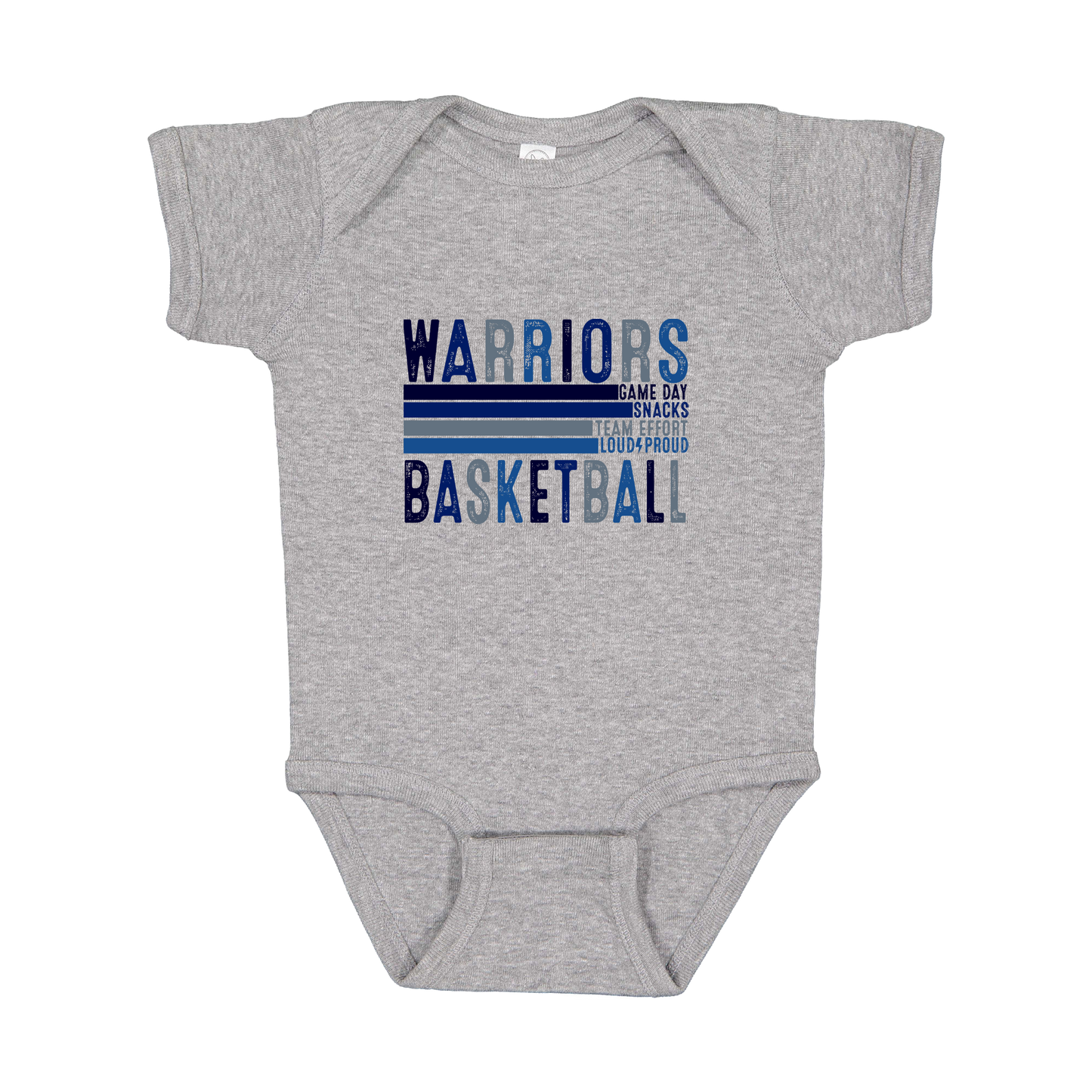 Warriors Basketball design shown on Heather infant bodysuit.