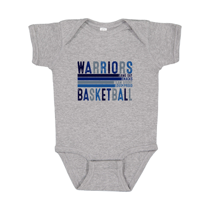Warriors Basketball design shown on Heather infant bodysuit.