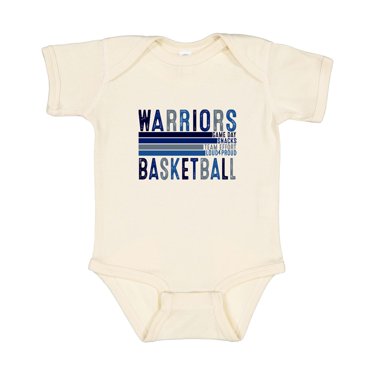 Warriors Basketball design shown on Natural infant bodysuit.