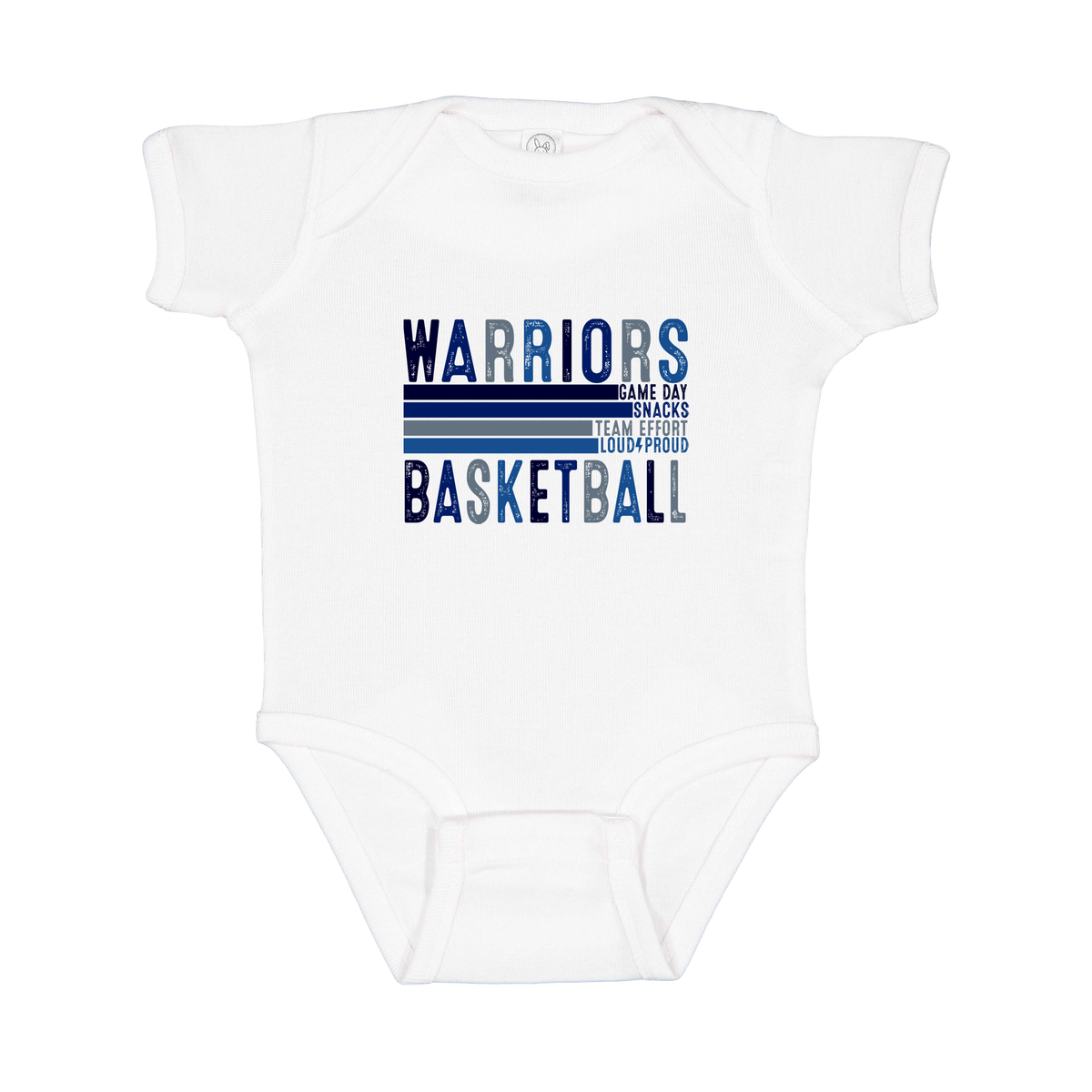 Warriors Basketball design shown on White infant bodysuit.