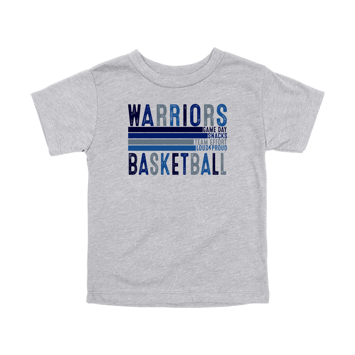 Warriors Basketball design shown on Athletic Gray toddler Bella+Canvas T-shirt.