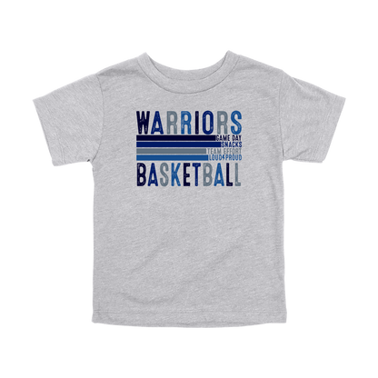 Warriors Basketball design shown on Athletic Gray toddler Bella+Canvas T-shirt.