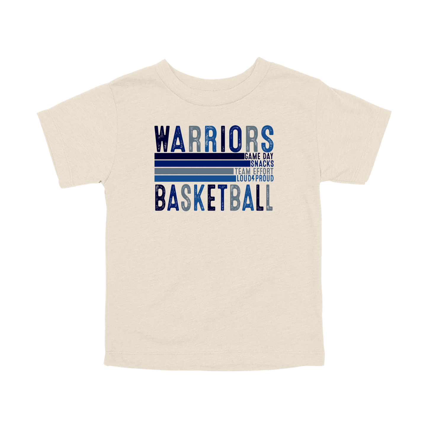 Warriors Basketball design shown on Natural toddler Bella+Canvas T-shirt.
