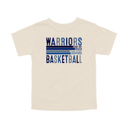Warriors Basketball design shown on Natural toddler Bella+Canvas T-shirt.