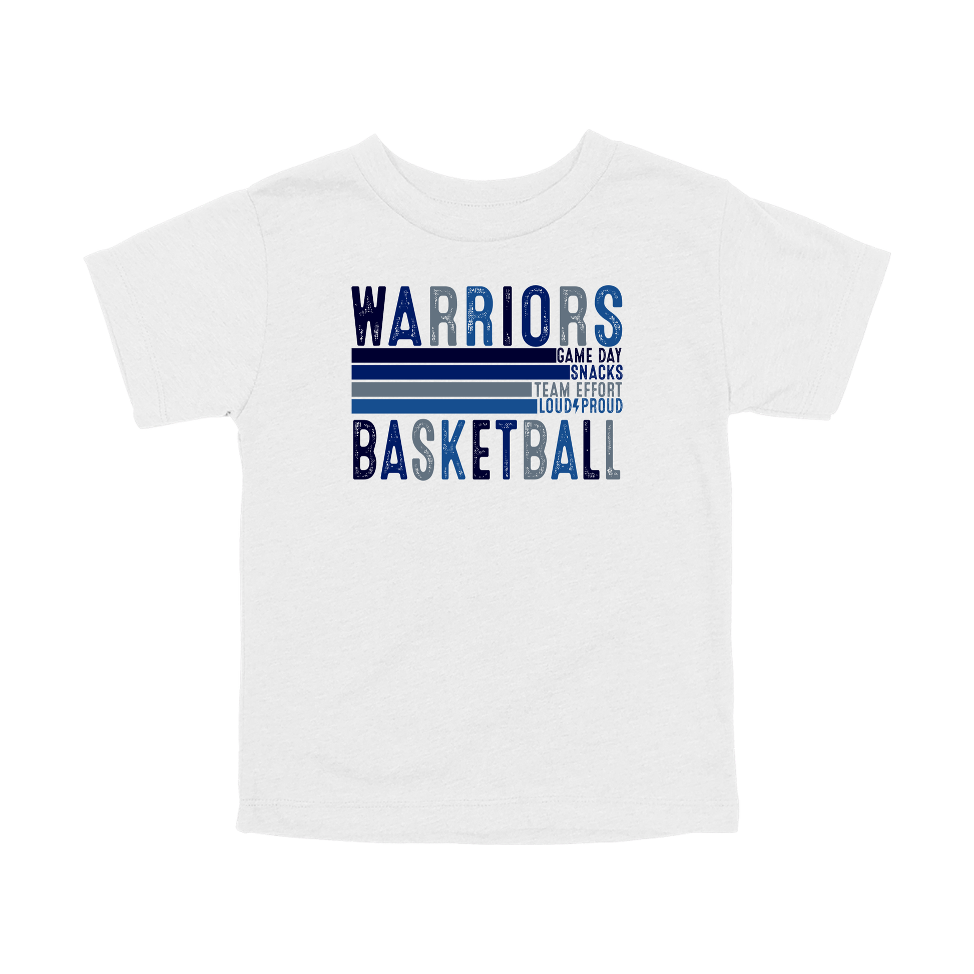 Warriors Basketball design shown on White toddler Bella+Canvas T-shirt.