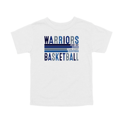 Warriors Basketball design shown on White toddler Bella+Canvas T-shirt.