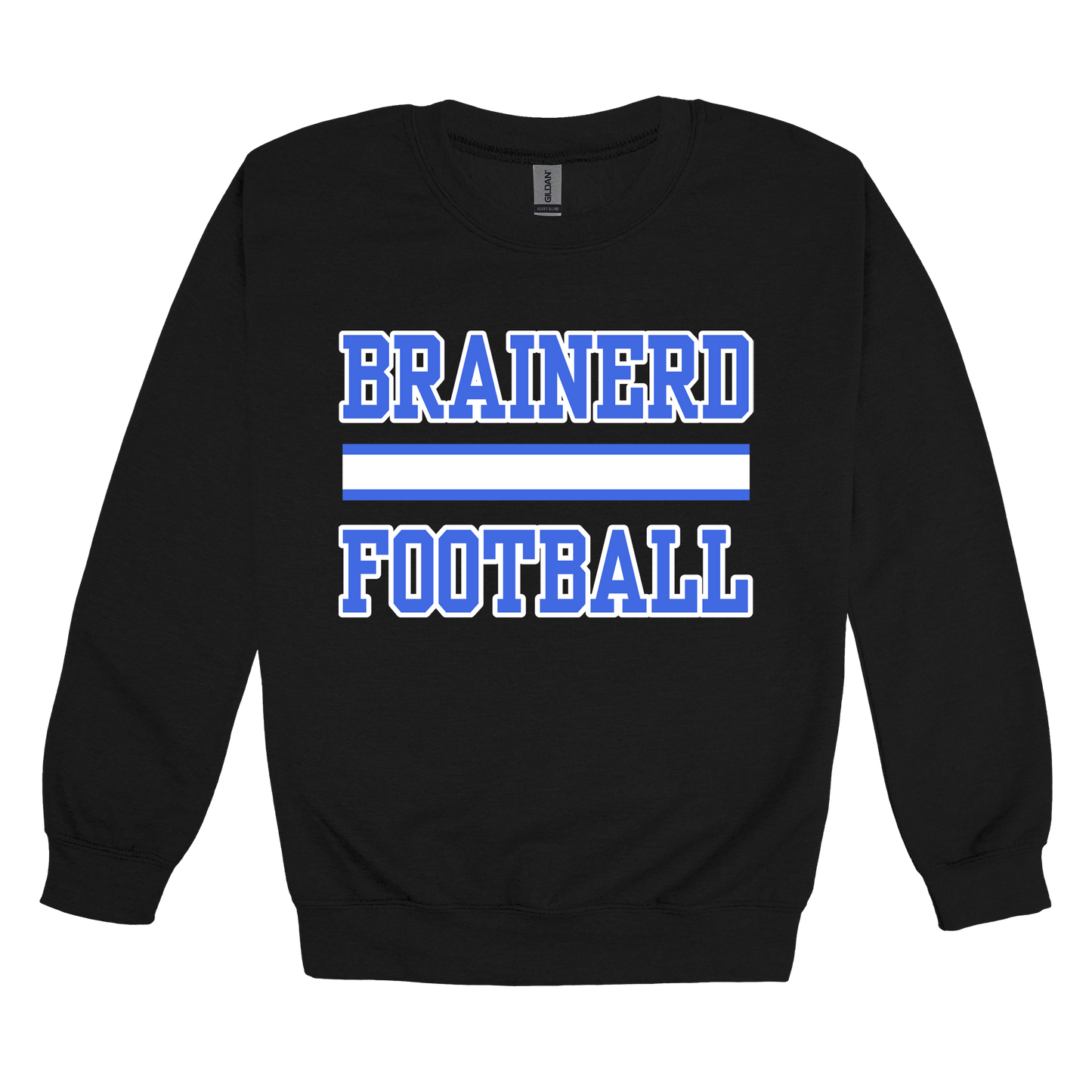 Brainerd Football design shown on Black adult Gildan crewneck sweatshirt.