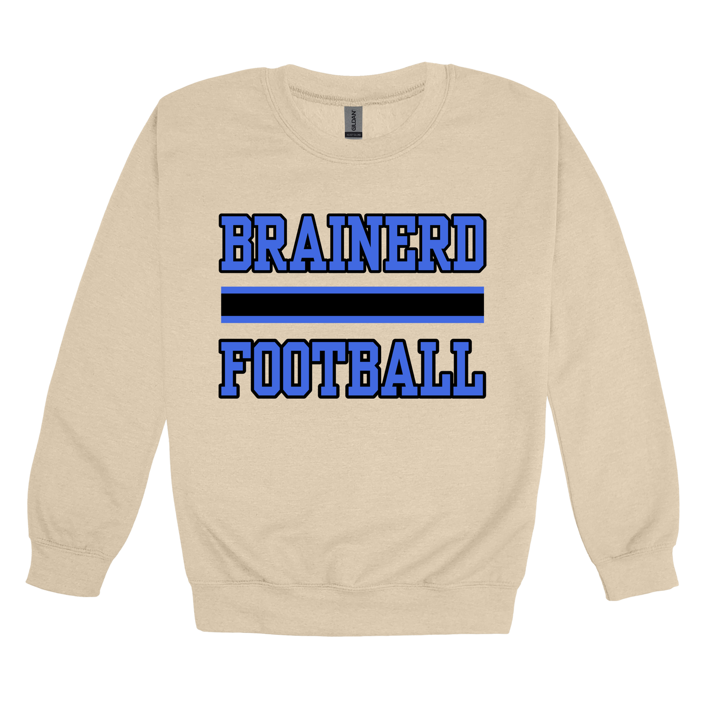 Brainerd Football design shown on Sand adult Gildan crewneck sweatshirt.