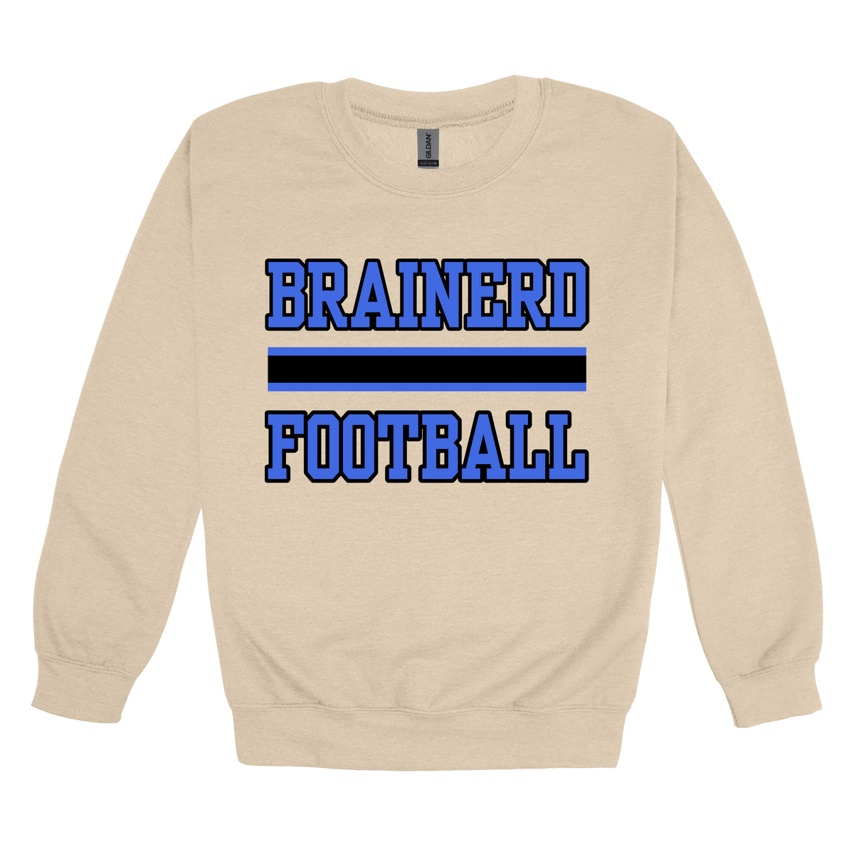 Brainerd Football design shown on Sand adult Gildan crewneck sweatshirt.