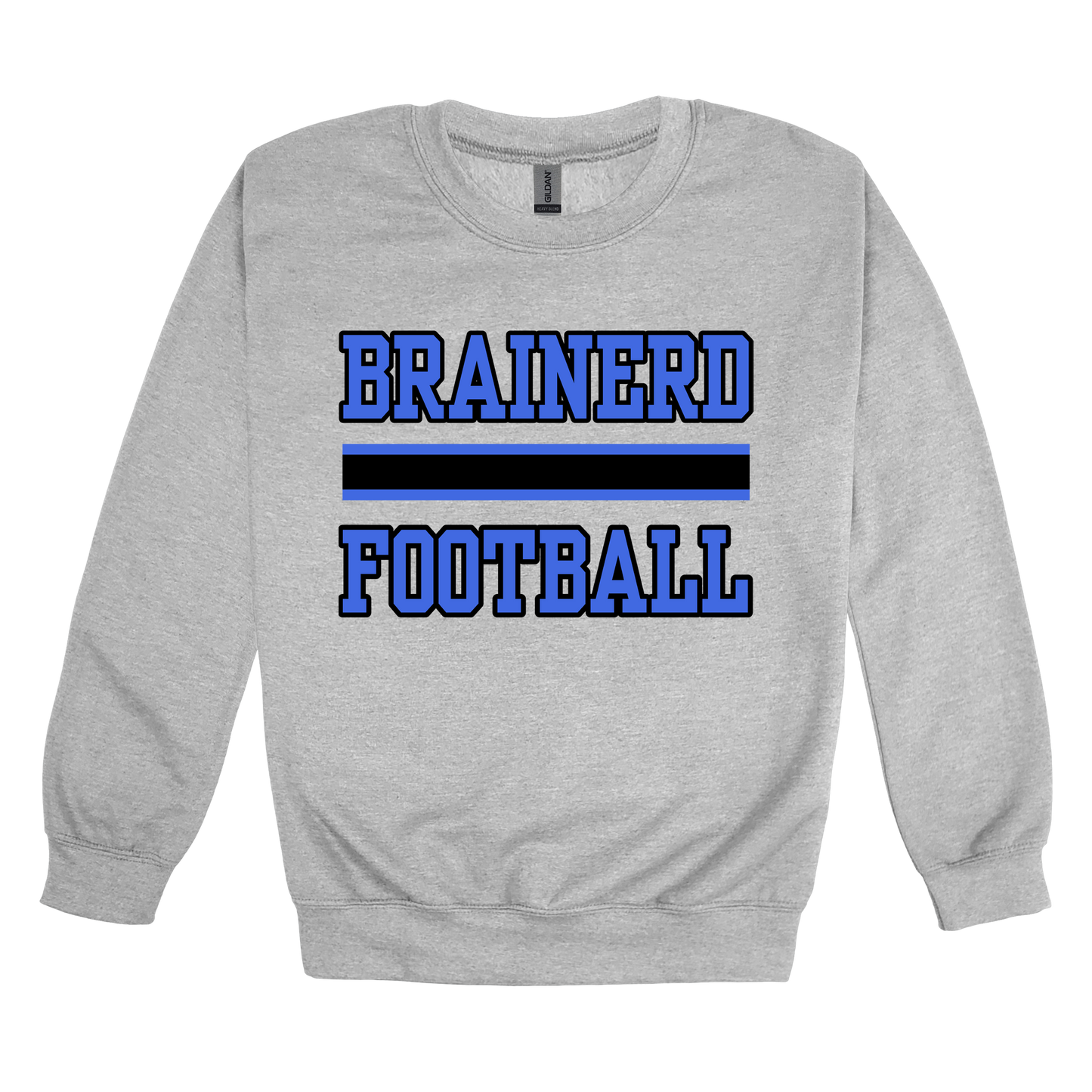 Brainerd Football design shown on Sport Gray adult Gildan crewneck sweatshirt.