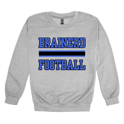 Brainerd Football design shown on Sport Gray adult Gildan crewneck sweatshirt.