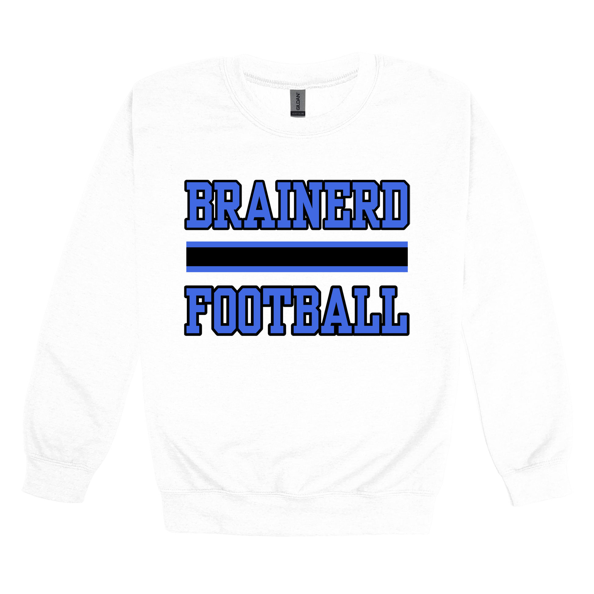 Brainerd Football design shown on White adult Gildan crewneck sweatshirt.