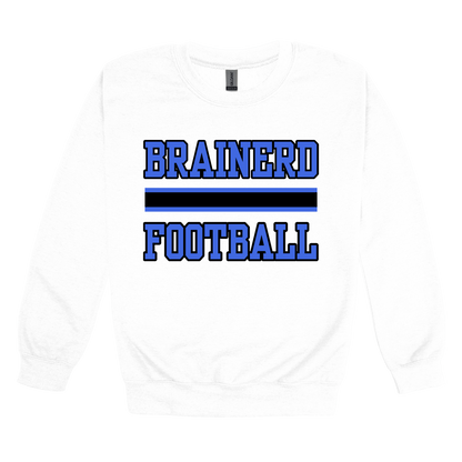 Brainerd Football design shown on White adult Gildan crewneck sweatshirt.