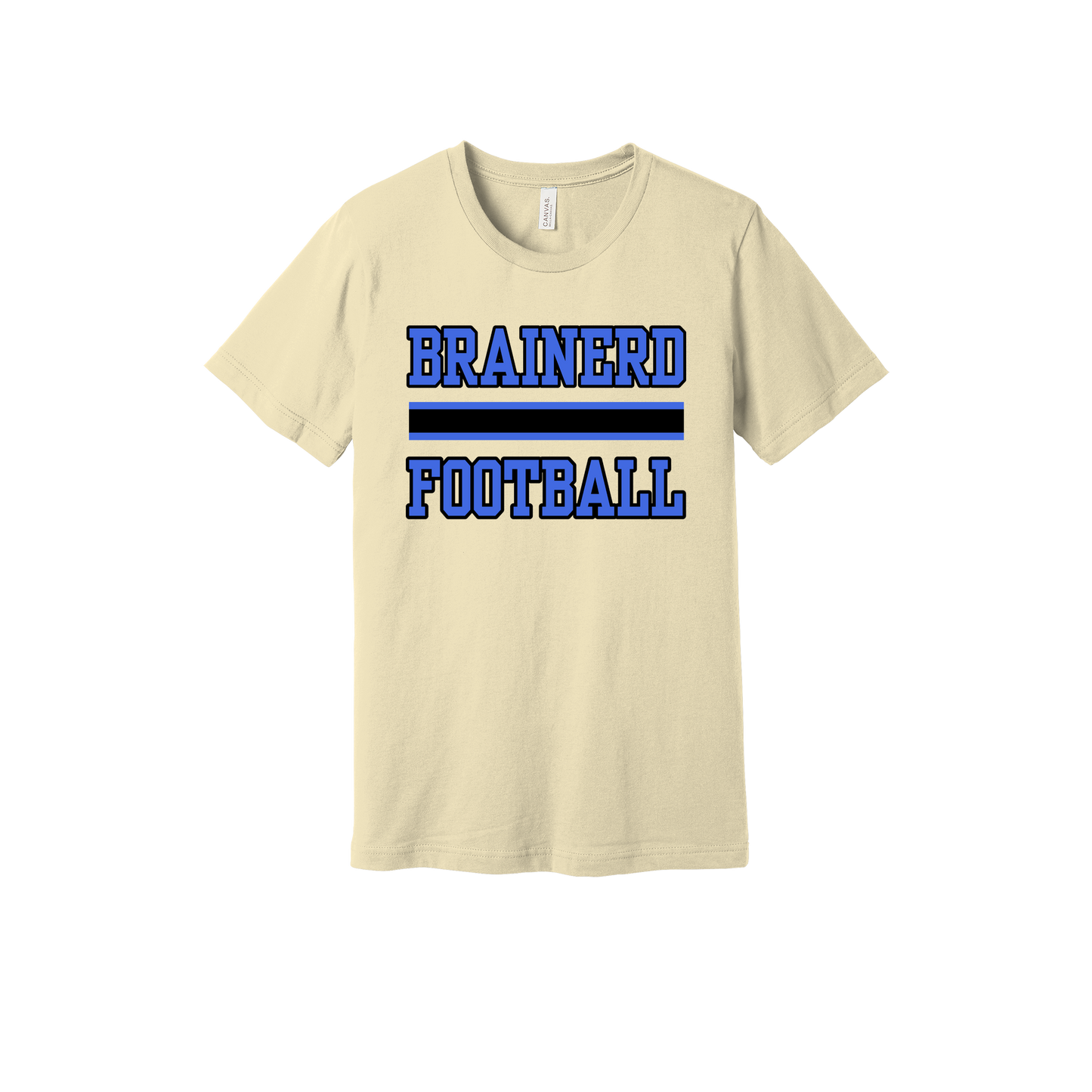 Brainerd Football design shown on Natural adult Bella+Canvas 3001 T-shirt.