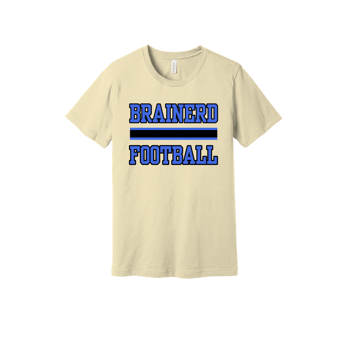 Brainerd Football design shown on Natural adult Bella+Canvas 3001 T-shirt.