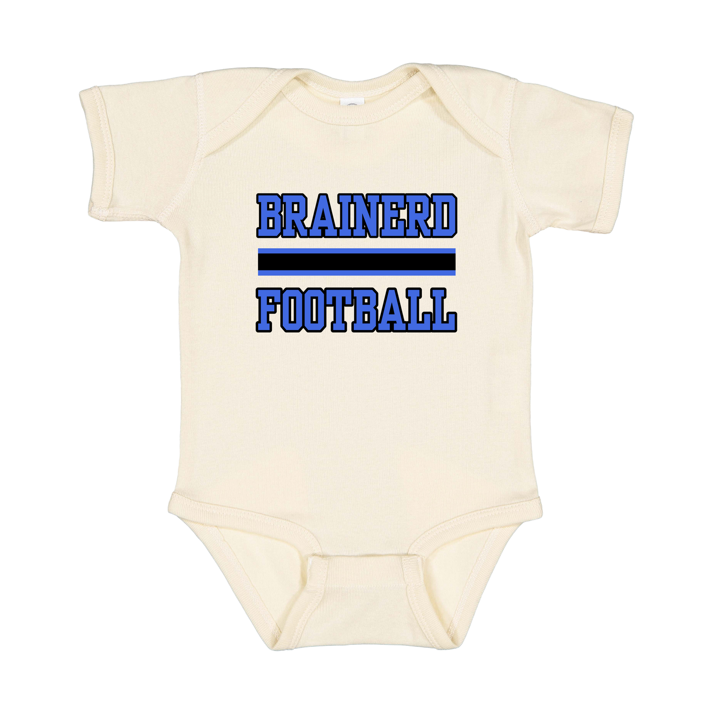 Brainerd Football design shown on Natural infant bodysuit.
