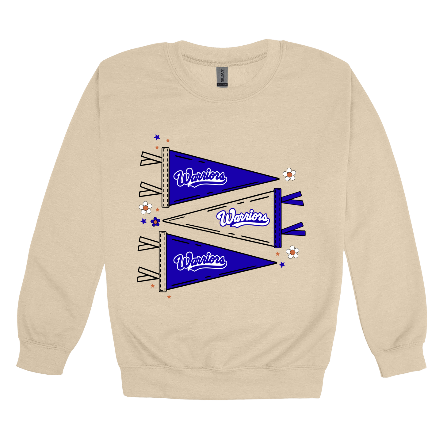 Warrior Flags design shown on Sand adult Gildan crewneck sweatshirt.