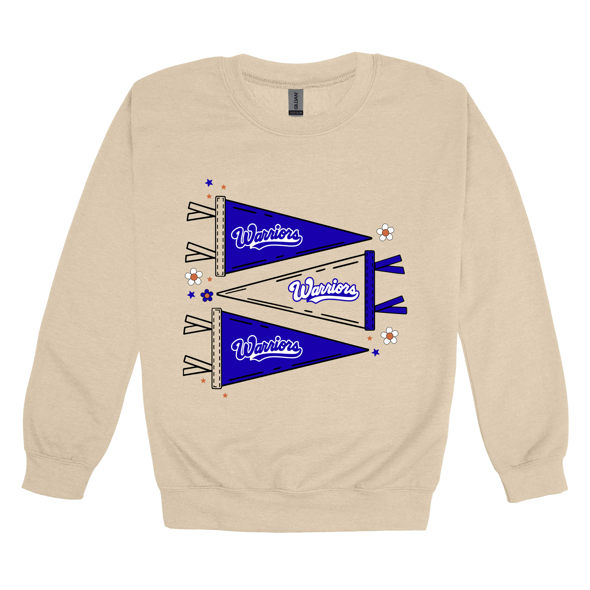 Warrior Flags design shown on Sand adult Gildan crewneck sweatshirt.