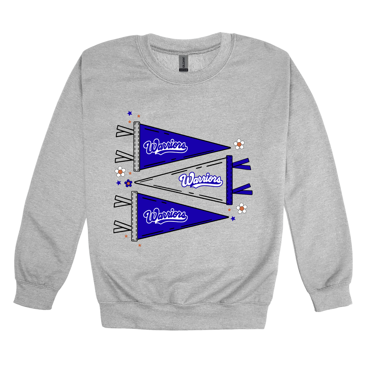 Warrior Flags design shown on Sport Gray adult Gildan crewneck sweatshirt.