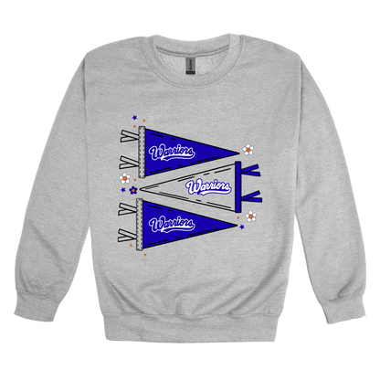 Warrior Flags design shown on Sport Gray adult Gildan crewneck sweatshirt.