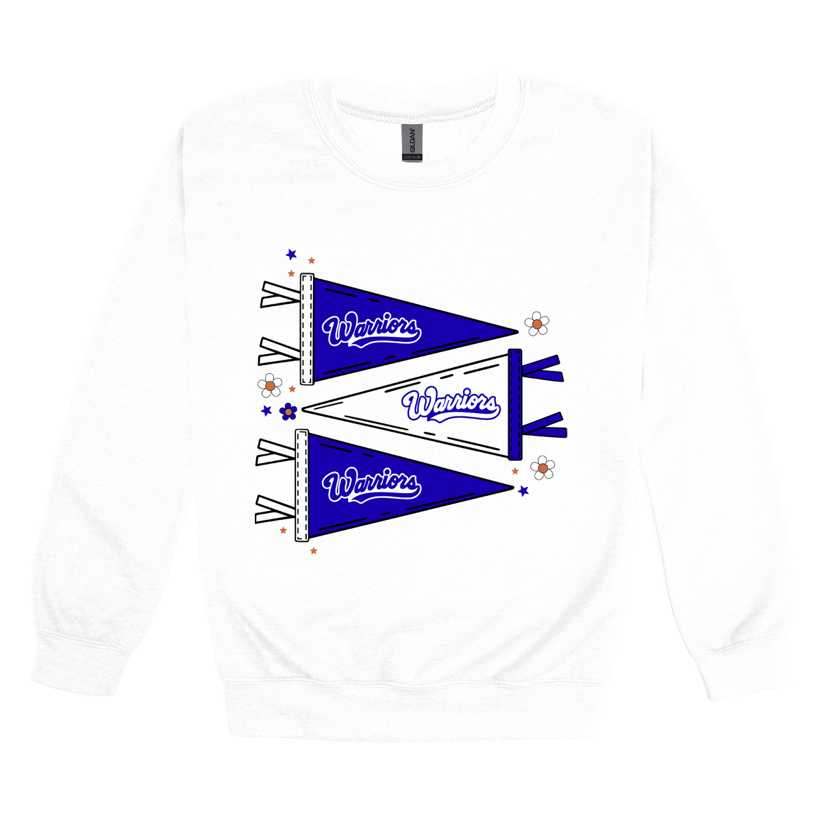 Warrior Flags design shown on White adult Gildan crewneck sweatshirt.