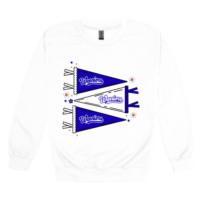 Warrior Flags design shown on White adult Gildan crewneck sweatshirt.