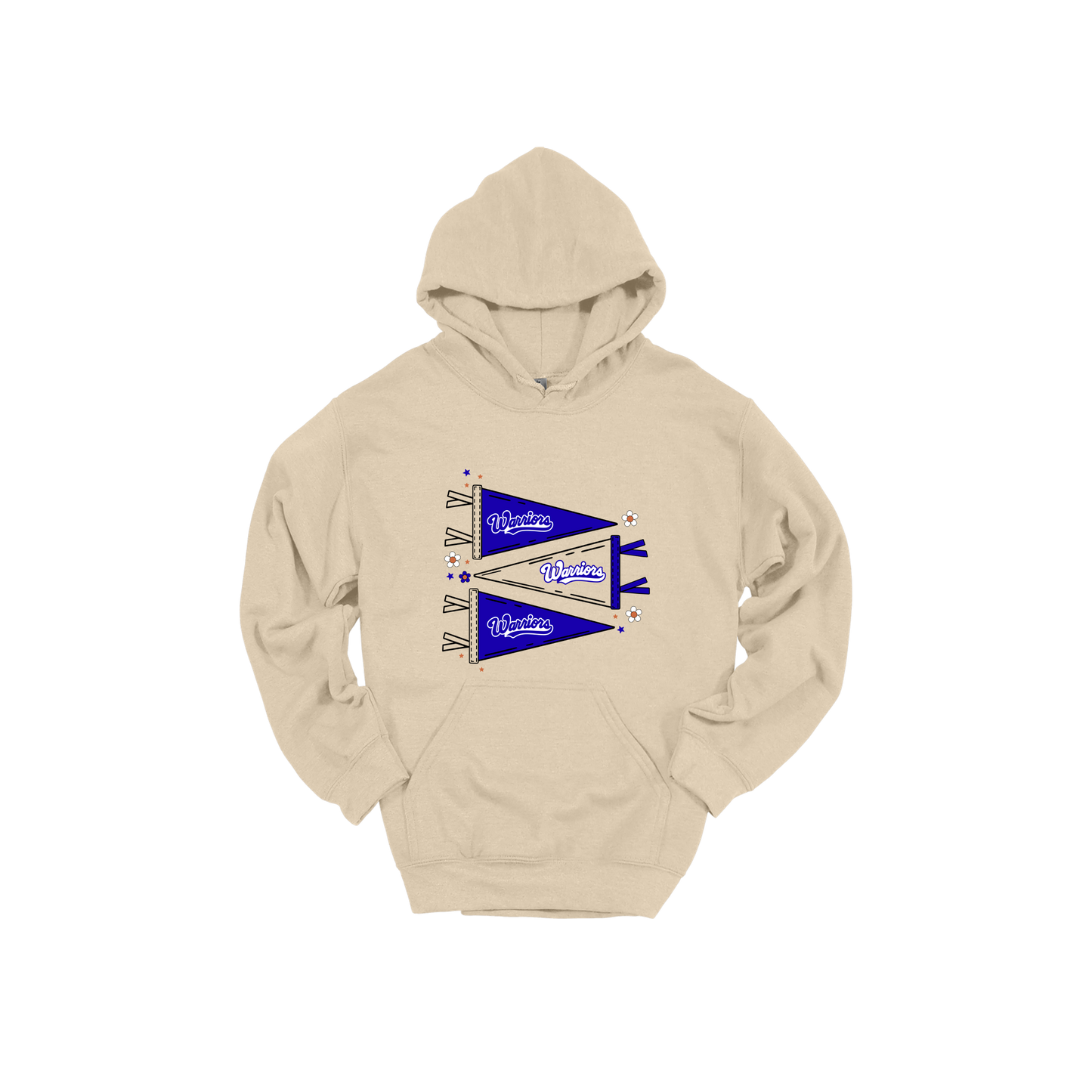 Warrior Flags design shown on Sand adult Gildan hoodie.