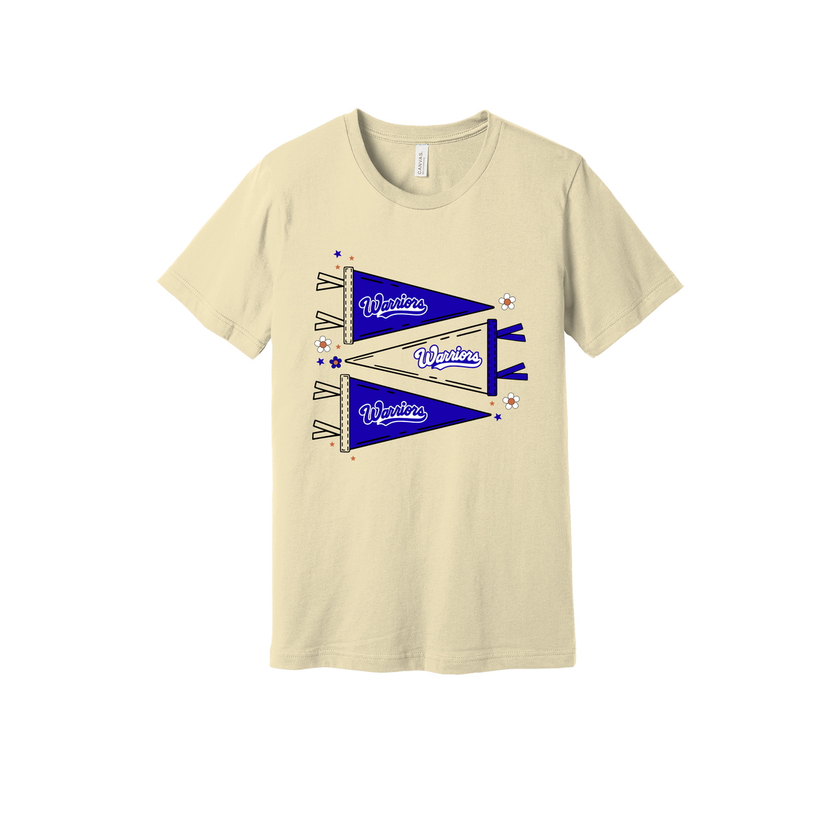 Warrior Flags design shown on Natural adult Bella+Canvas 3001 T-shirt.