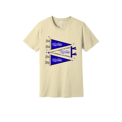 Warrior Flags design shown on Natural adult Bella+Canvas 3001 T-shirt.