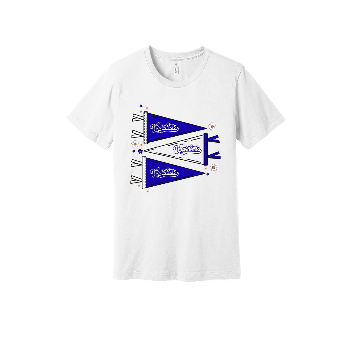 Warrior Flags design shown on White adult Bella+Canvas 3001 T-shirt.