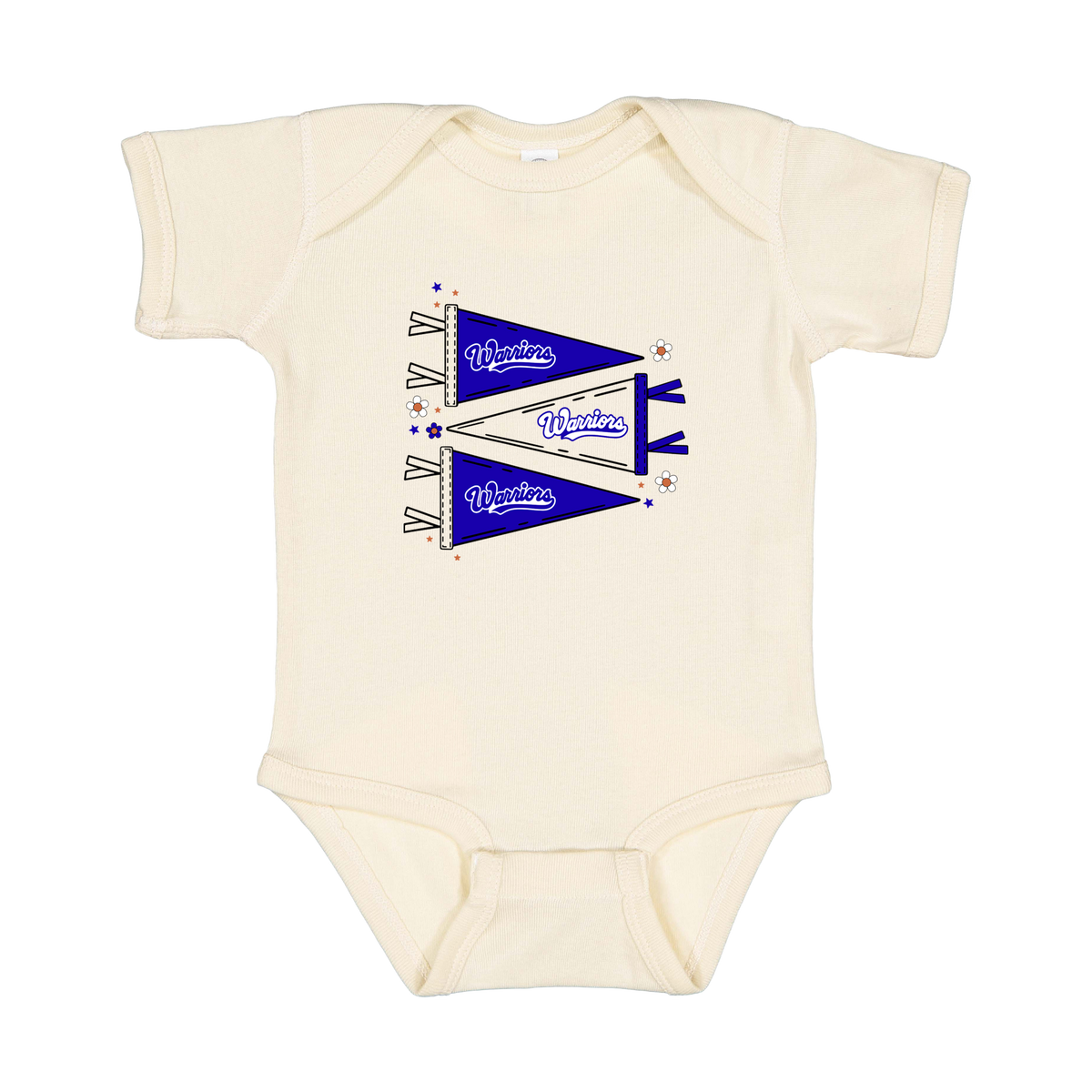 Warrior Flags design shown on Natural infant bodysuit.