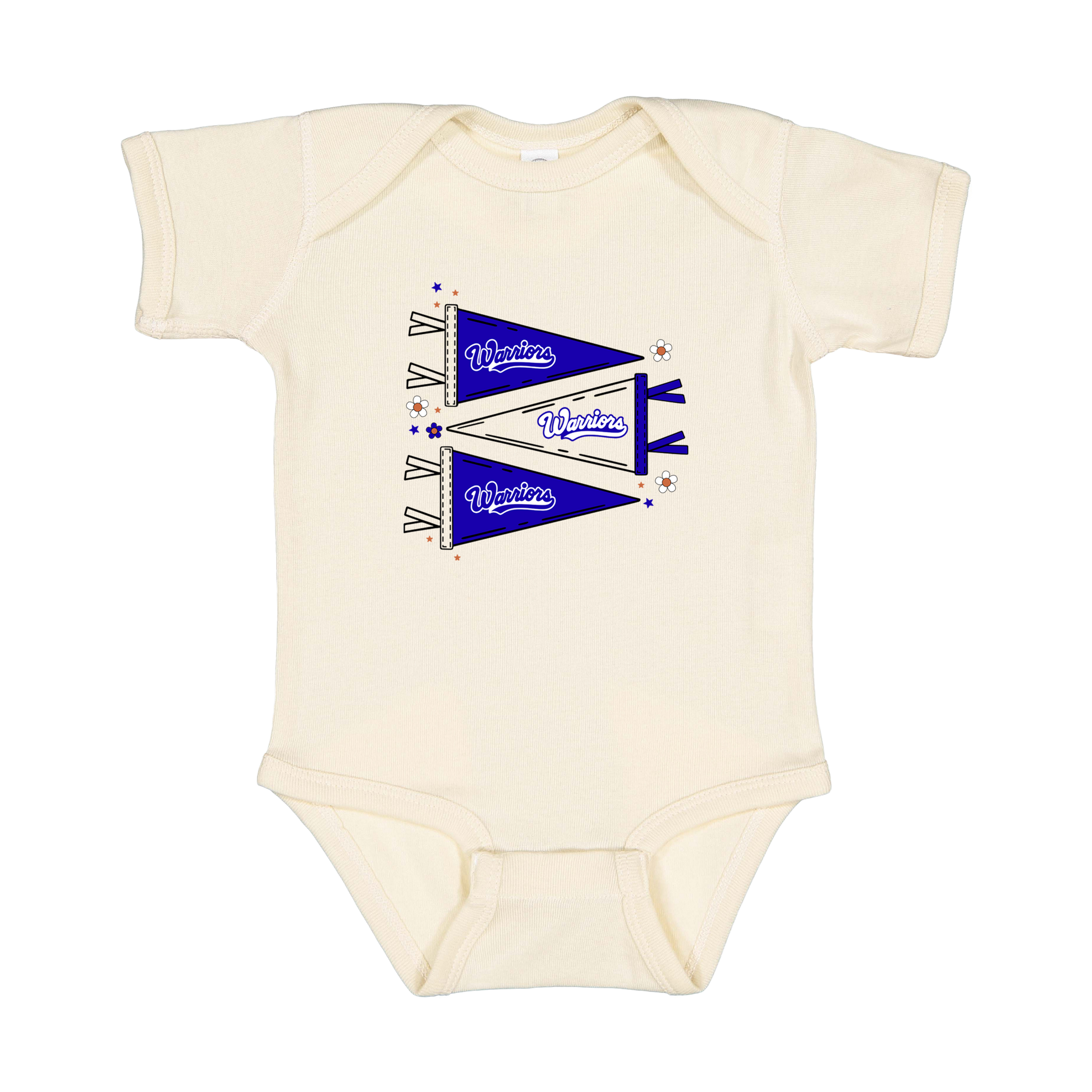 Warrior Flags design shown on Natural infant bodysuit.