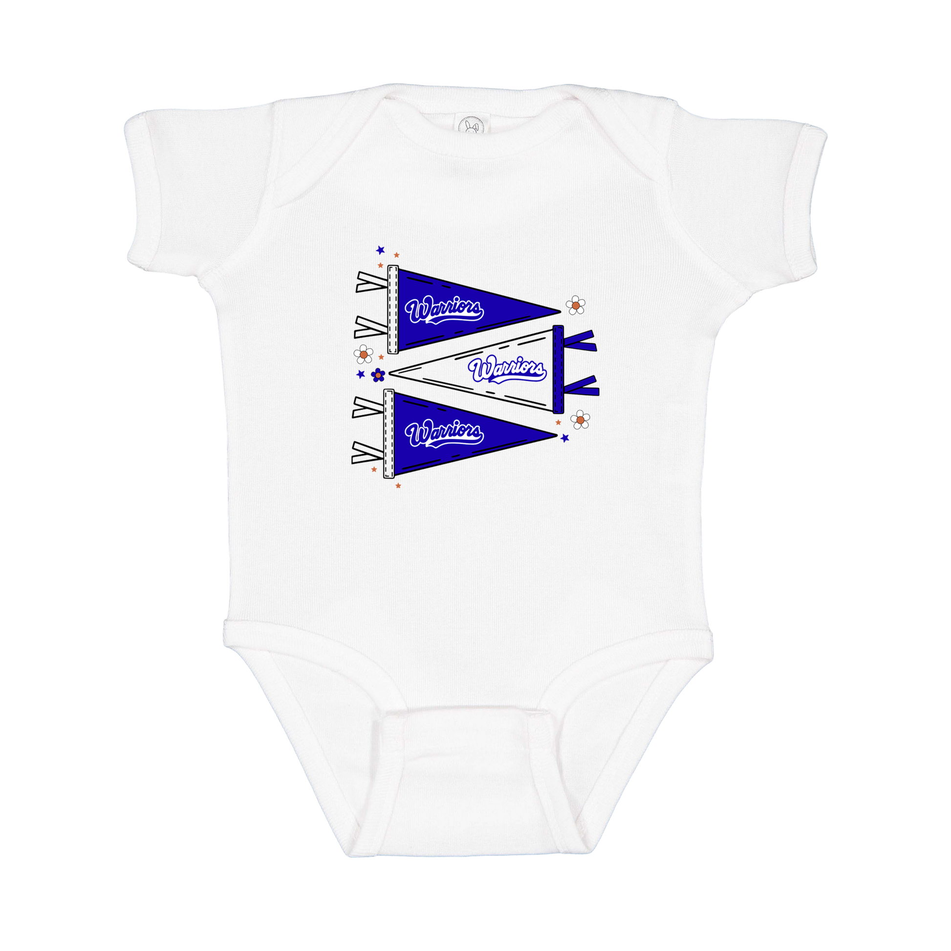 Warrior Flags design shown on White infant bodysuit.